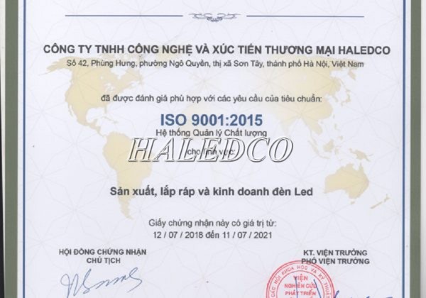 Chứng nhận ISO 9001: 2015 của công ty Haledco LED